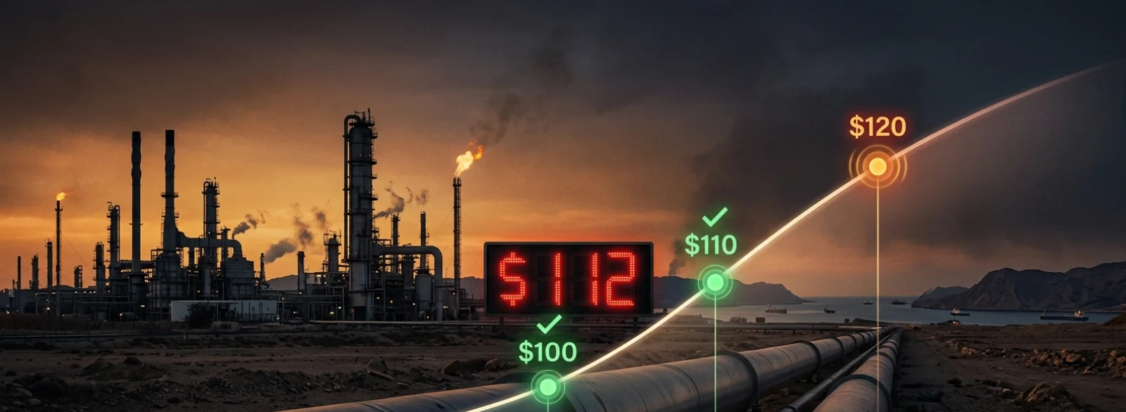 Oil refinery with price curve showing $100 and $110 resolved, $112 current, $120 next target